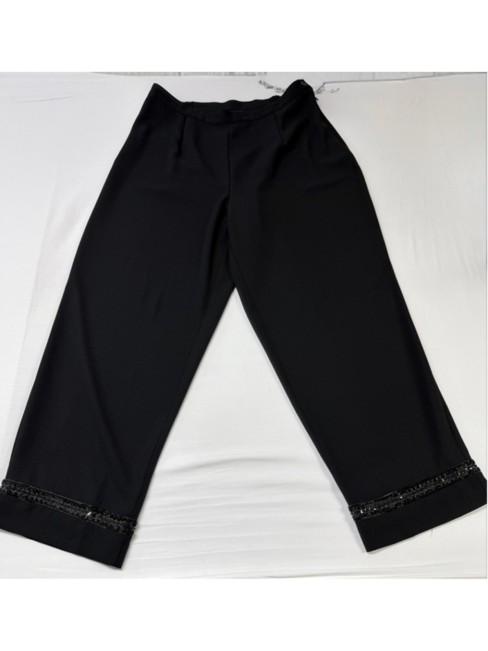 Additionelle Black Wide Leg Crop Pants Beaded Trim Hem Elastic Waist Dressy 1948